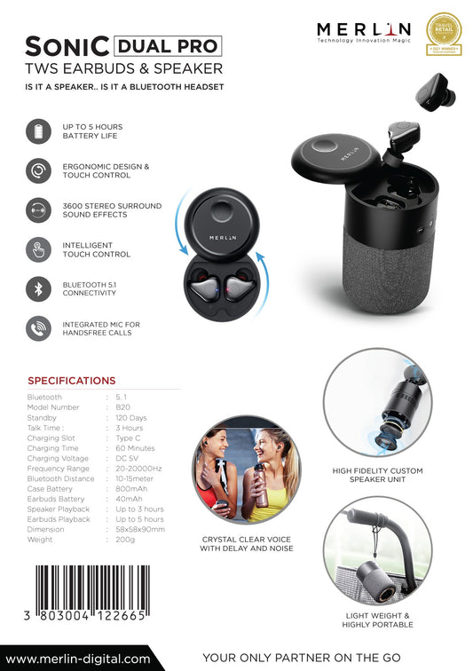 Sonic Dual Pro TWS Earbuds & Speaker - Excaliburs Legend