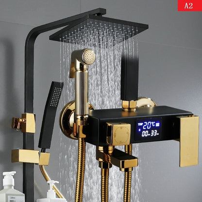 【Ships From：Ru】Bathroom Shower System Black Gold Handheld Shower Set Smart Thermostatic Digital Display Black Shower Head