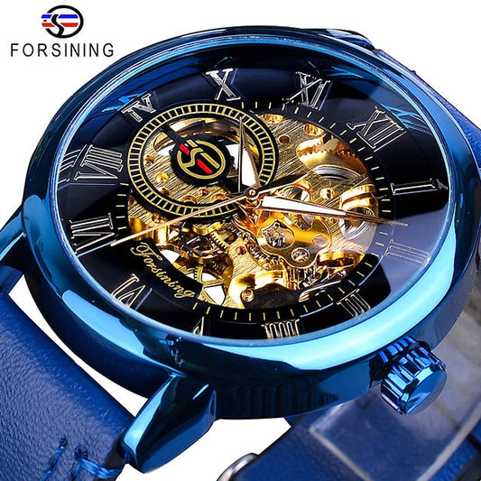 Forsining 3D Logo Design Hohlgravur Schwarzgold Gehäuse Leder Skelett Mechanische Uhren Herren Luxusmarke Heren Horloge