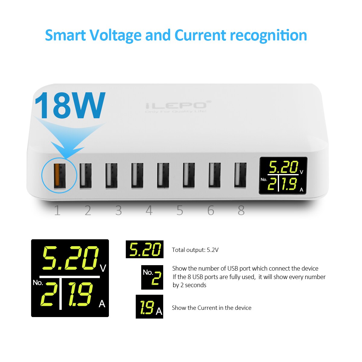 60W 8 Port USB Fast Charger QC3.0