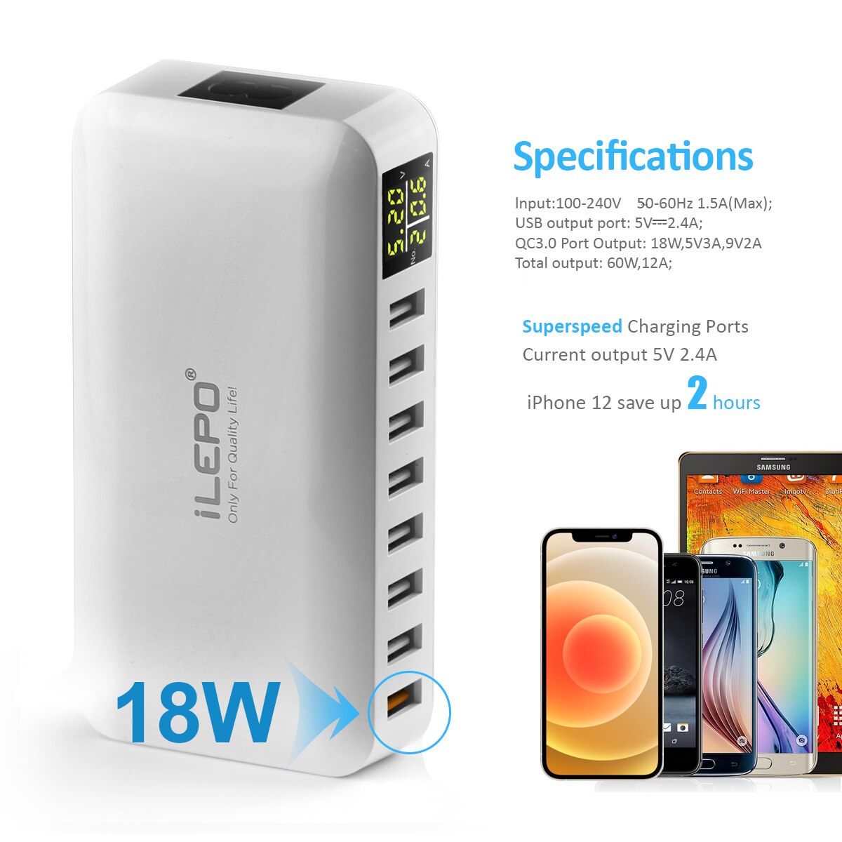 60W 8 Port USB Fast Charger QC3.0