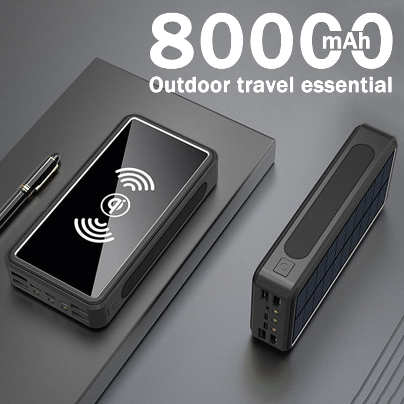 Drahtlose 80000 mAh Power Bank Tragbare Schnelllade-Solar-Powerbank 4 USB-Reise-Externer Akku für Iphone Xiaomi Samsung