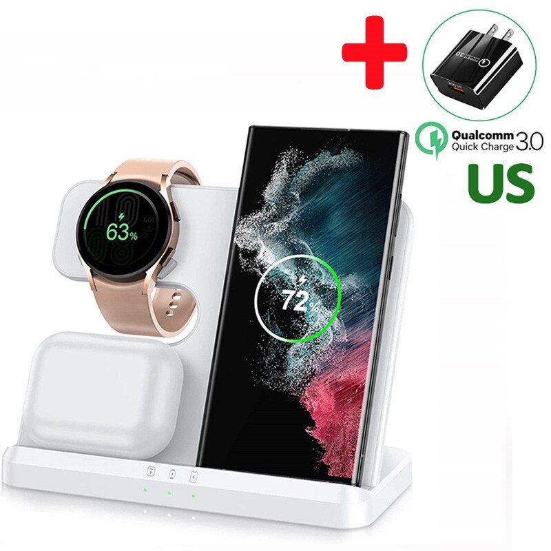 حامل شاحن لاسلكي 30 وات 3 في 1 لهاتف Samsung S22 Ultra S20 S21 Galaxy Watch 5 4 3 Active 2/1 Buds Fast Charging Dock Station