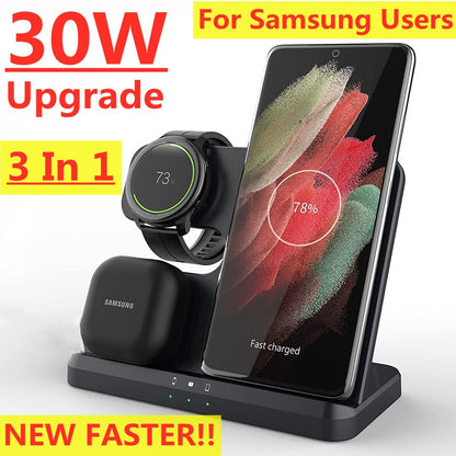 حامل شاحن لاسلكي 30 وات 3 في 1 لهاتف Samsung S22 Ultra S20 S21 Galaxy Watch 5 4 3 Active 2/1 Buds Fast Charging Dock Station