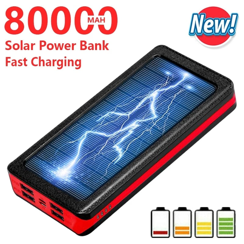 Téléphone Solaire 80000mAh Powerbank Chargeur Rapide Portable avec Lumière LED 4 Ports USB Batterie Externe Convient pour Xiaomi Iphone13 14