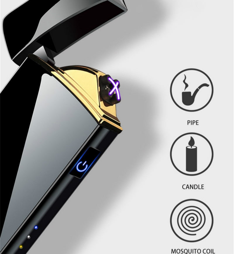 Windproof Metal Flameless Electric Lighter Dual Arc Plasma USB Lighter LED Power Display Touch Induction Lighter